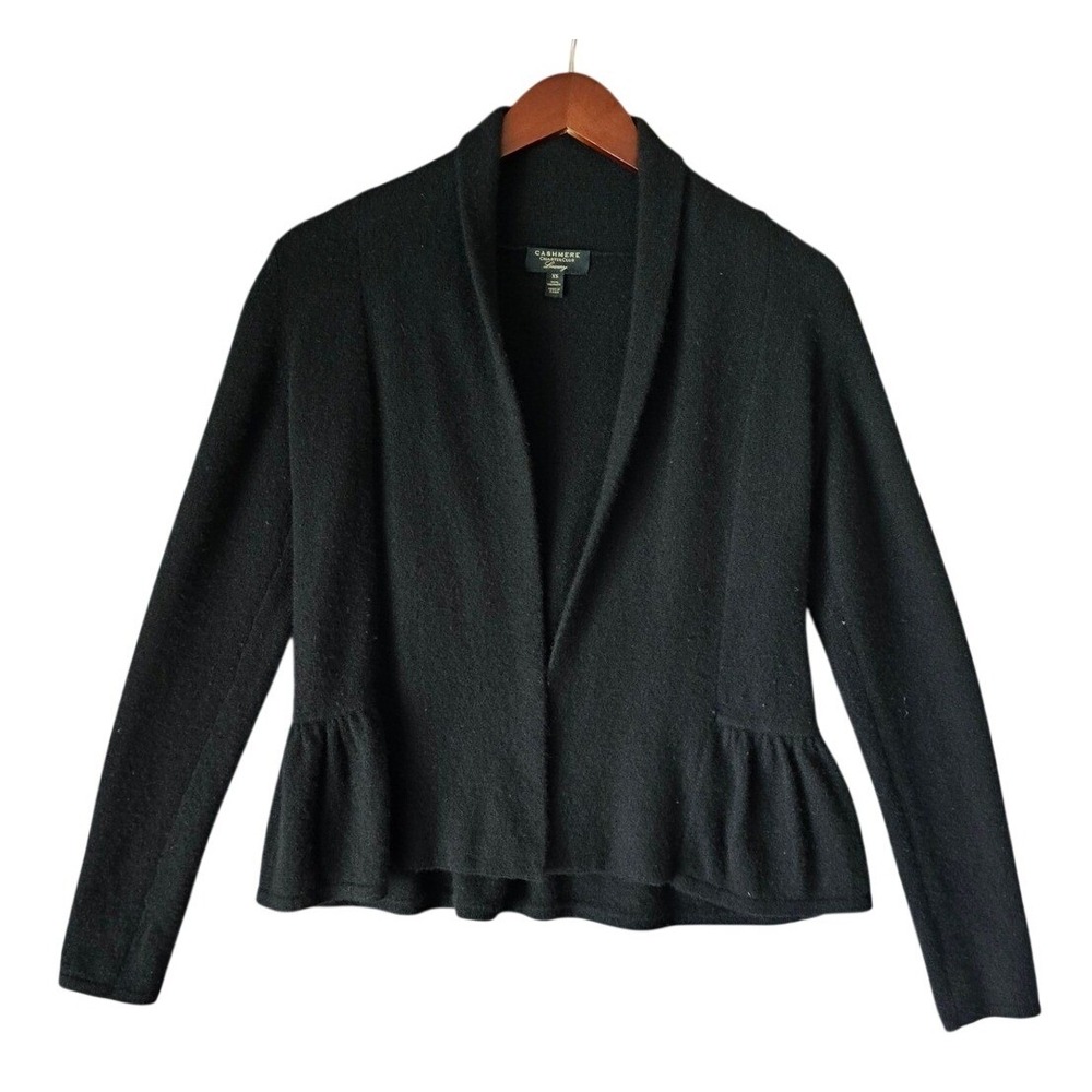 Charter Club Luxury Womens XS Black 100% Cashmere Peplum Ruffle Cardigan Sweater
